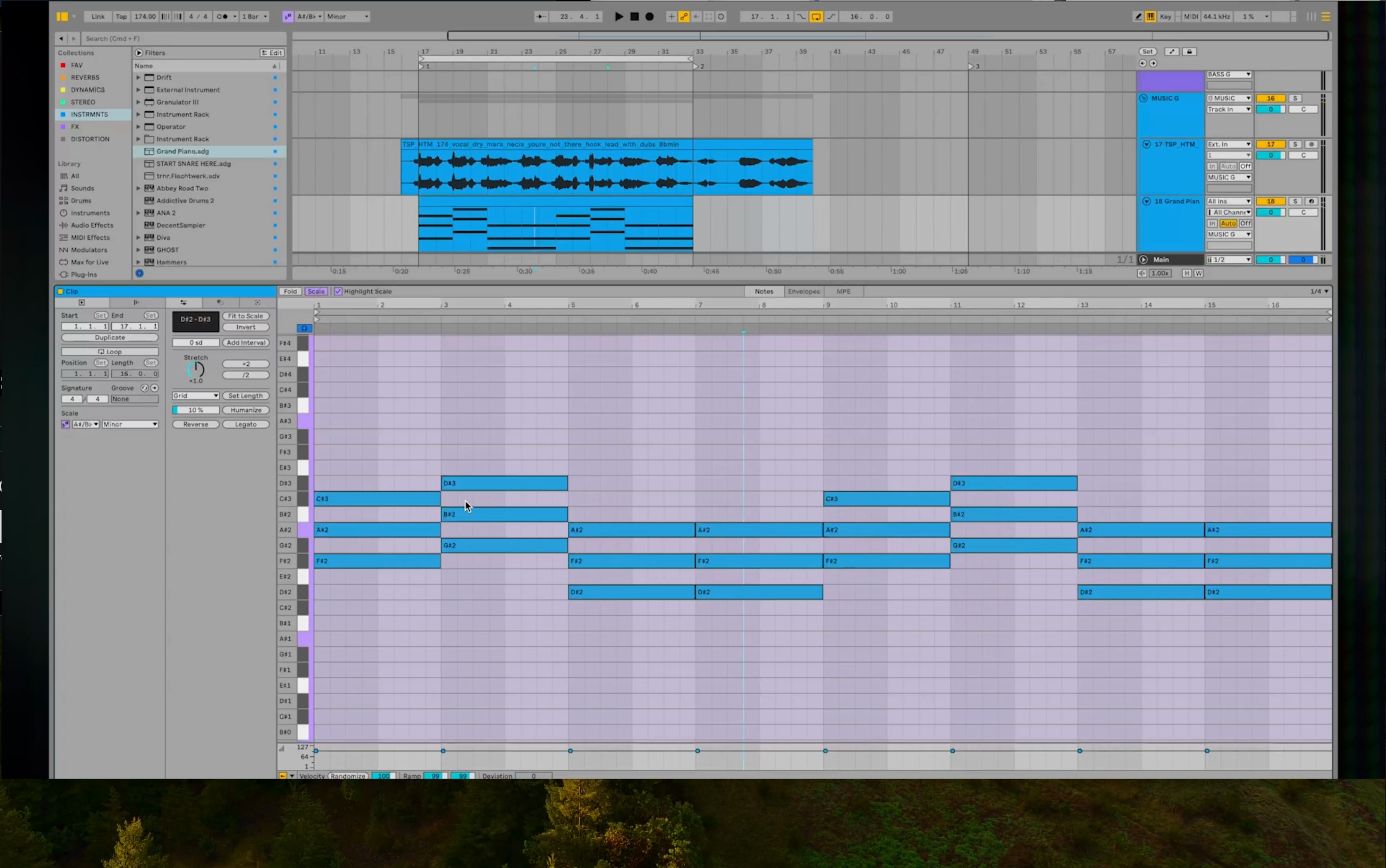 Ableton arrangement showing bass creation from lowest chord notes