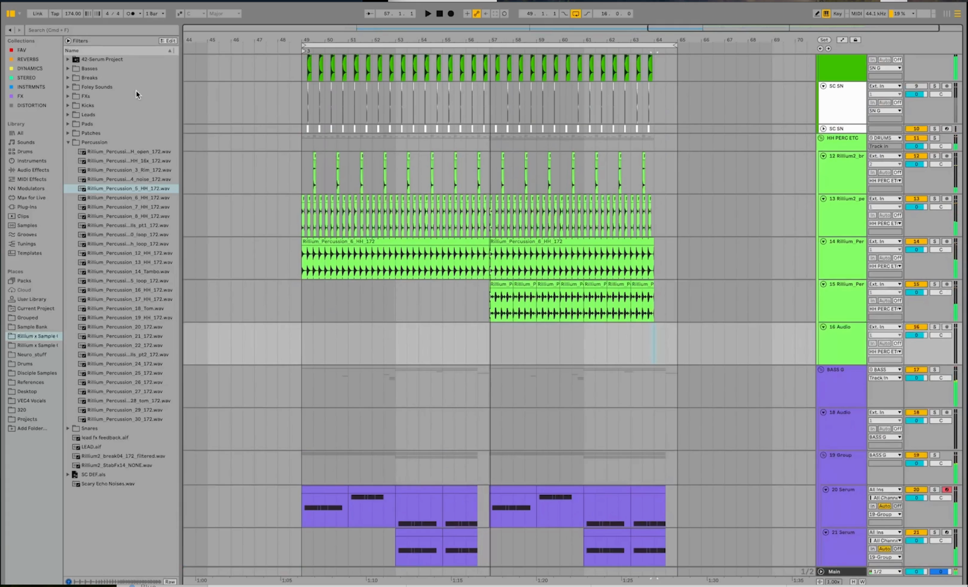 Ableton arrangement showing crash and ride stabs