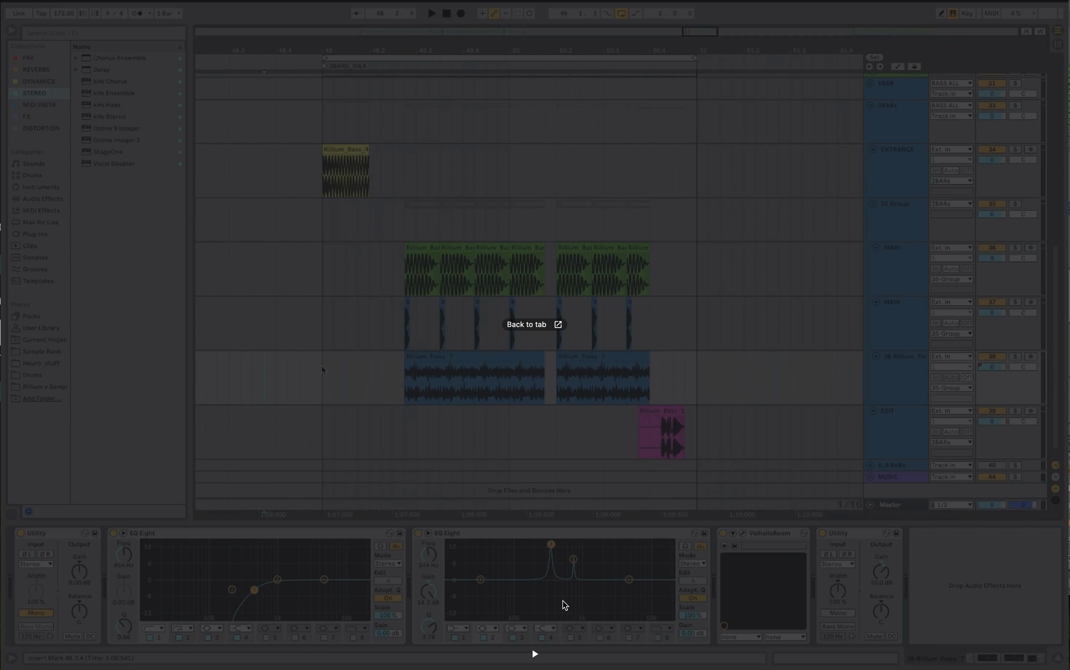 Ableton arrangement showing drop construction from two-bar idea