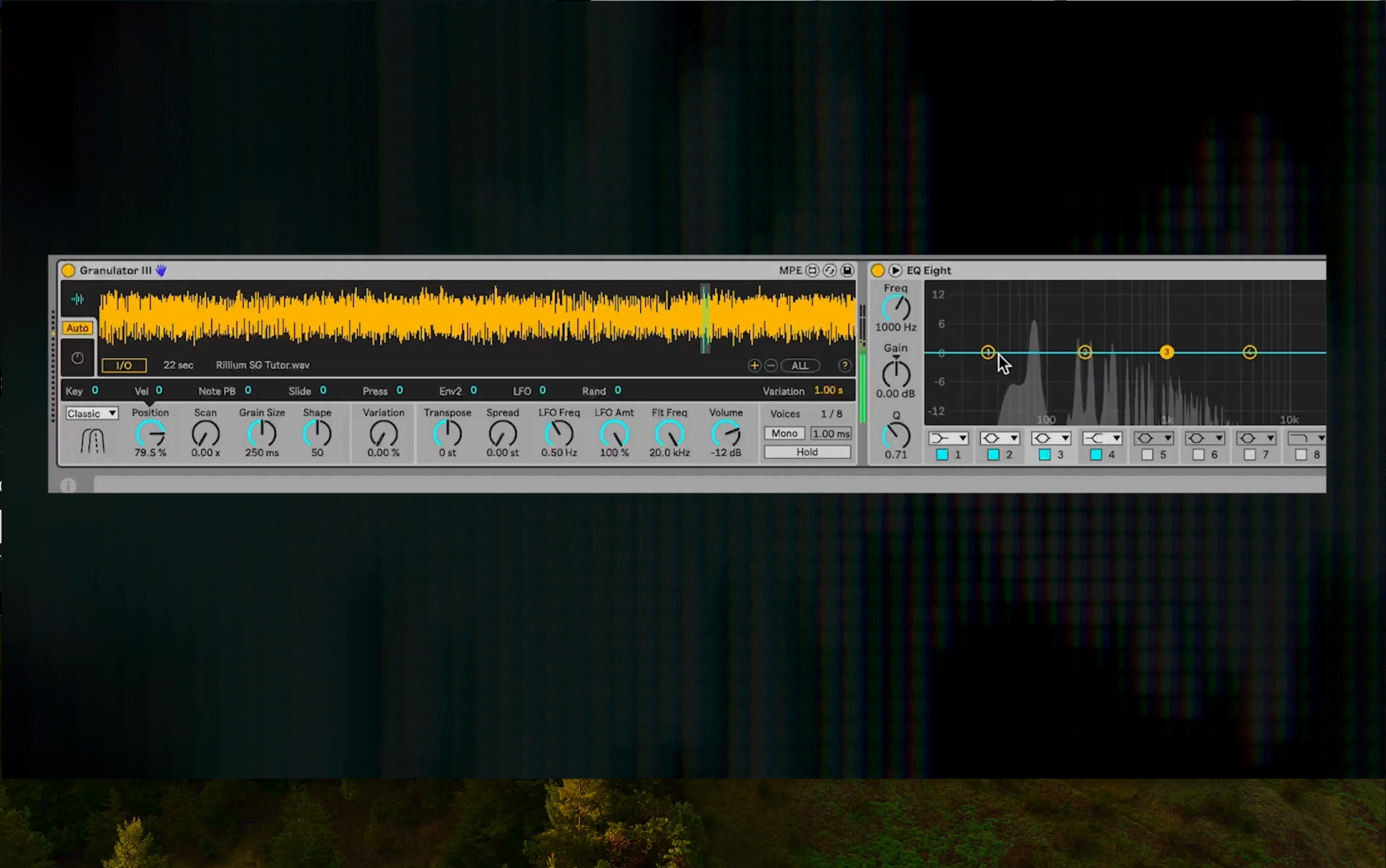 Ableton device view showing Granulator III pad movement