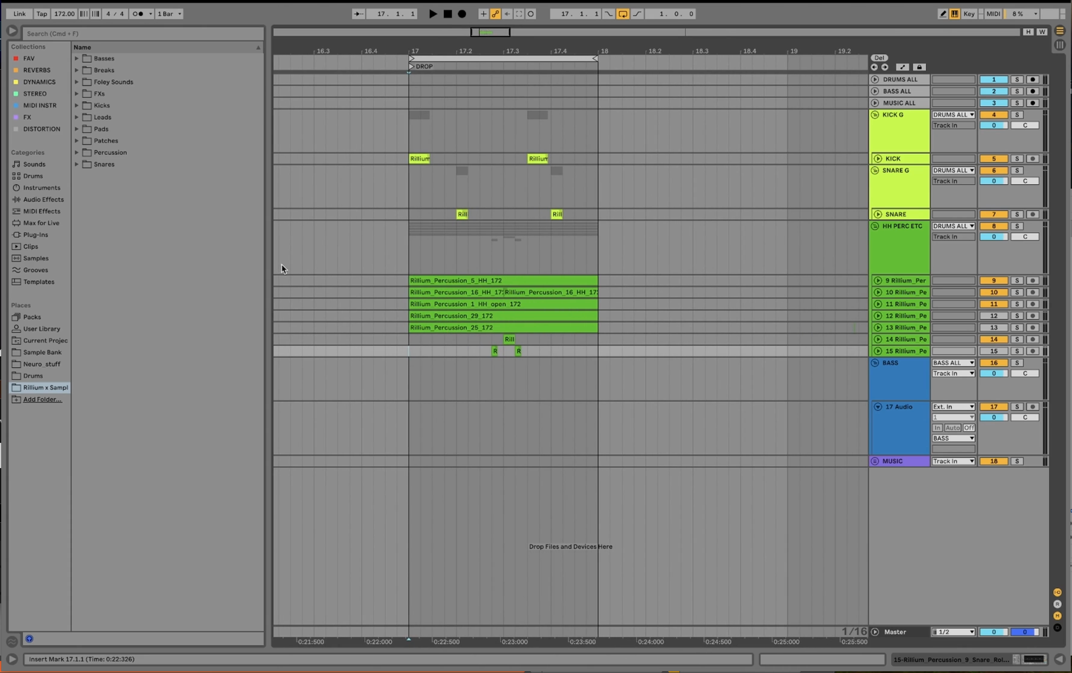Ableton arrangement at Rillium's first one-bar idea moment